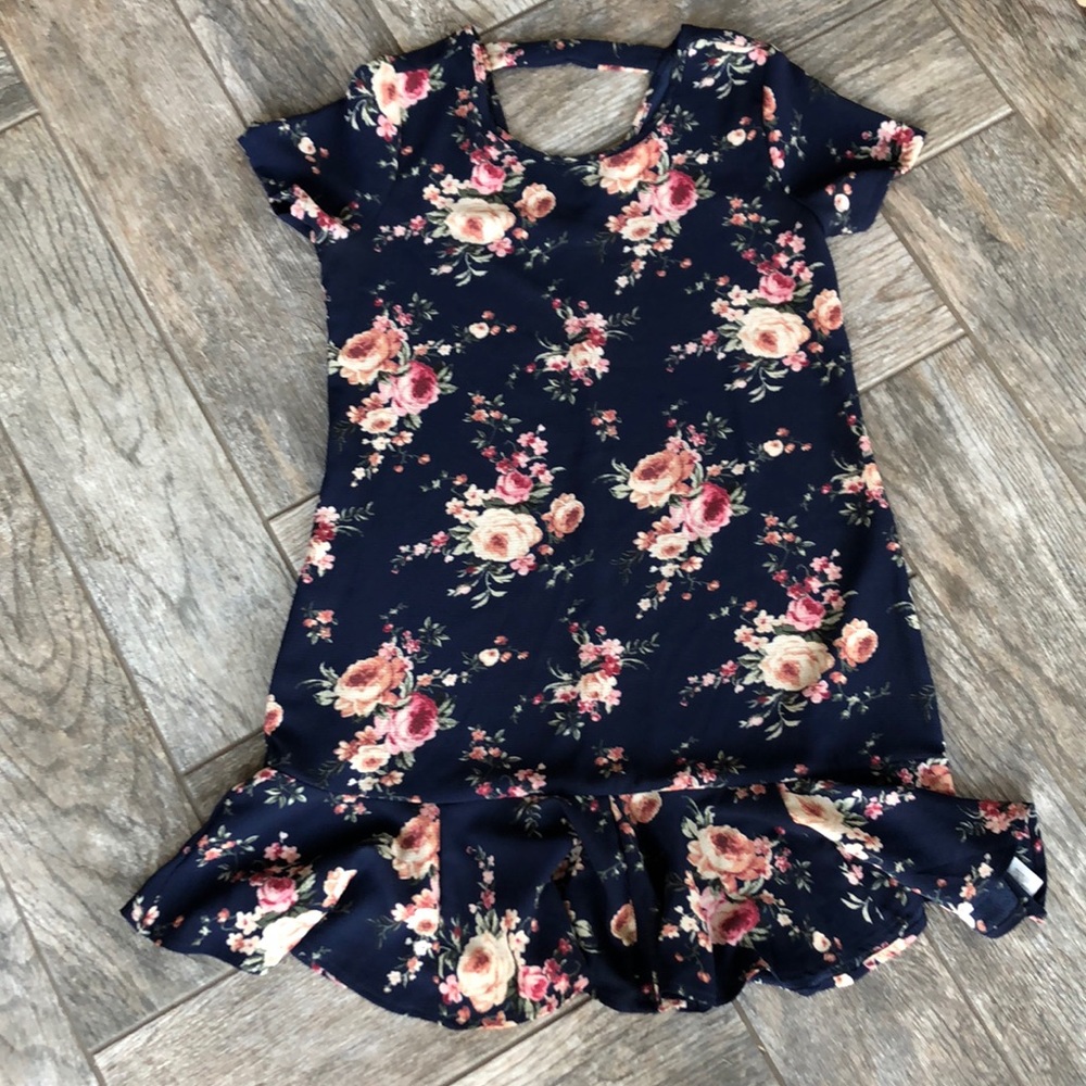 Francesca’s navy blue and floral drop waist dress